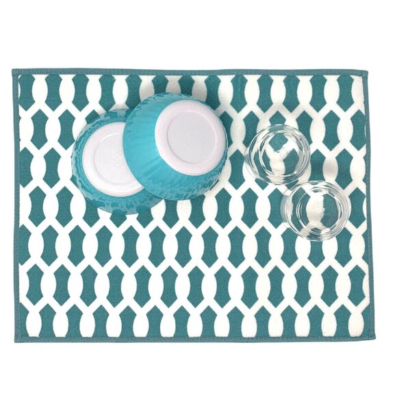 Dish Drying Mat 15 x 20 Teal White Lattice Pattern Padded Microfiber - Picture 3 of 4
